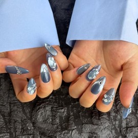 AKA Unicorn Handmade Press On Nails Medium Almond,10Pcs Dark Blue Acrylic Fake Nails,Glue On Nail with The Flower of Growth Charms for Woman Daily Wear&Break Up Party（Design Concept:Lost & Hope）