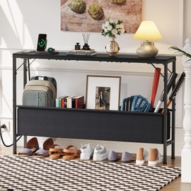 Asgolion Console Tables with Charging Station and Storage Basket, 47.2'' Entryway Table Narrow with Power Outlets USB Ports, Couch Table Behind Sofa, Hallway Table for Foyer, Living Room, Black