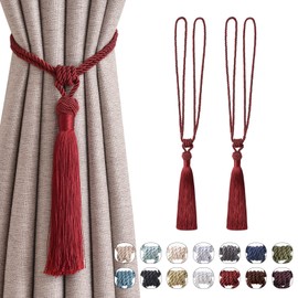Pretty Jolly Long Tassels Curtain Tiebacks Handmade Braided Rope Knot Draped Tiebacks Elegant Decorative Curtain Holdbacks for Home and Office Red Pack of 2
