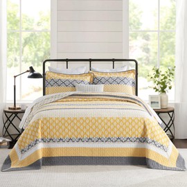 QuiltEase Oversized King Bedspread - 120" Lx120 W Extra Wide - 100% Cotton Lightweight Stripe Coverlet Set - Farmhouse Reversible California King Quilt - 3 Piece - Yellow/White/Gray
