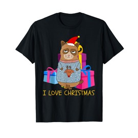 Ugly Christmas Funny Cat with Ugly Sweater Christmas T-Shirt, black