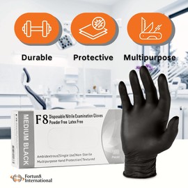 F8 Disposable Nitrile Examination Gloves, Size MEDIUM and BLACK, Latex & Powder Free, Multipurpose, Non Sterile, Extra Strong, Textured, Protection against bacteria, Ambidextrous, Easy fit