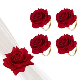 Servilleteros artificiales de rosas rojas para el día de San Valentín, 4 unidades, hebilla de rosa roja, decoración romántica de mesa de flores rojas para el día de San Valentín, cumpleaños, boda,