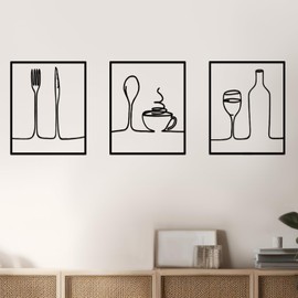 Wesiti 3 Pcs Kitchen Metal Wall Art Coffee Bar Metal Line Wall Decor Modern Minimalist Kitchen Decor Housewarming Gift for Bedroom Living Room Home Outdoor