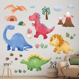 DECOWALL SG2-2409 Watercolor Dinosaurs Wall Stickers Animals Nursery Decals Kids Baby Dino Boy Playroom Bedroom Tropical Plants Peel and Stick Removable Living Room Art murals Decorations