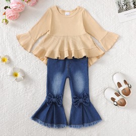 18 Months Girl Clothes Toddler Girl Jeans Outfits Apricot Top Shirt Denim Pants Cute Girl Clothes Little Girl Clothes 2T Toddler Girl Clothes 18-24 Months
