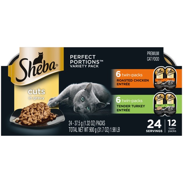 SHEBA PERFECT PORTIONS Cuts in Gravy Adult Wet Cat Food Trays (12 Count, 24 Servings), Roasted Chicken and Tender Turkey Entrée, Easy Peel Twin-Pack Trays