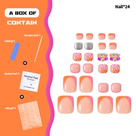 Pink French Tip Press on Toenails Square Short Orange Fake Toe Nails Summer Glitter Rhinestone False Toenails with 3D Designs Bling Diamond Acrylic Glue on Toenails Cute Stick on Toenails for Women