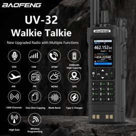 BAOFENG UV32 Radio 10W Walkia Talkie GPS Two Way Raido USB-C Charging Multi-Band FM/AM UV-32 Handheld Radio