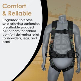 AFP Camouflage Demon Fall Protection Ergonomic Comfort Safety Harness, Soft Pressure-Relieving Perforated Breathable Padded Foam Shoulder, Legs & Back, 3 D-Rings, Tongue Buckle, Mating Buckle