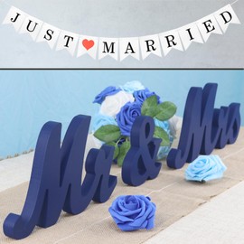 Mr and Mrs Signs Wedding Table Decorations, Wooden Freestanding Letters for Photo Props, Rustic Wedding Decoration, Anniversary Wedding Shower Gift (Navy Blue + Banner)