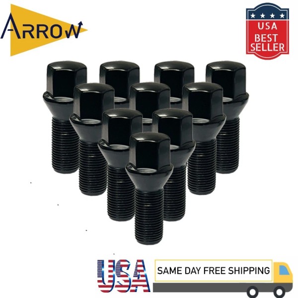 ARROW 10x Black M14x1.5 Cone Seat Lug Bolt 28mmShank/17mm