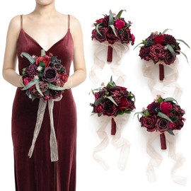 Ling's Moment Red & Burgundy Artificial Flowers Bridesmaid Bouquet Set of 4, Red Wedding Flowers Bouquets for Bridesmaids, 7 Inch Bridal Bouquets for Bridesmaids, Wedding, Ceremony