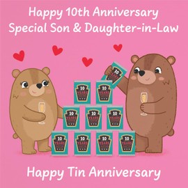 Hunts England - Son And Daughter In Law 10th Anniversary Card - Tin Anniversary - 10 Years - Cute Fun Bears Card For Son & Daughter-in-Law - Love Story Collection
