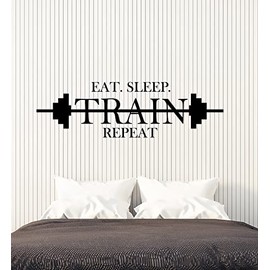 Vinyl Wall Decal Quote Gym Eat Sleep Repeat Train Barbell Sport Fitness Stickers (4229ig) Black