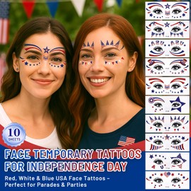 12 Sheets Fourth of July Temporary Tattoos Set-10 Face Tattoos+2 Random USA Sticker-Waterproof, Skin-Friendly Red White Blue Designs for 4th of July Independence Day, Parades & Parties-Kids & Adults
