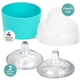 Mason Bottle Glass Baby Bottle DIY Kit – Fits 4oz Mason Jars – Includes 2X Slow Flow Nipples, Silicone Sleeve, and Cap (Ring, Lid, and Jar Not Included) – Made in USA