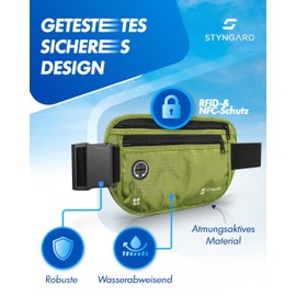 Flat Bum Bag Theft-Proof RFID Protection - Money Belt for Hanging - Travel Bum Bag with Theft Protection - Neck Pouch Women and Men Sports - STYNGARD - Model Madrid, Army Green, Unisex