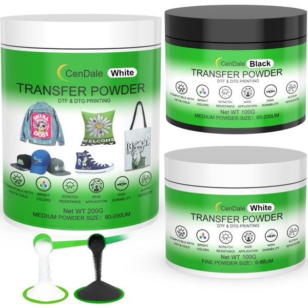 CenDale DTF Powder Kit, Includes Fine Medium, White Black Digital DTF Transfer Powder for Sublimation, Compatible with DTF and DTG Printers, DTF PreTreat Powder for All Fabric Jeans Cotton T-Shirt