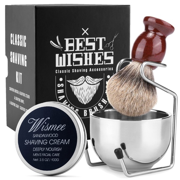 Wismee Shaving Brush Set For Men Badger Hair Shaving Brush with Wood Handle, Stainless Steel Shaving Bowl & Stand, 3.5Oz Shaving Cream Wet Shaving Cleaning Tool Birthday Father Day Gifts for Him Men
