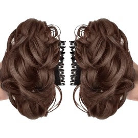 Pack of 2 Ponytail Extensions, Ponytail Extension Bun Hairpiece with Clip, Curly Wavy Synthetic Hairpiece for Women, Braid Extensions, Real Hair Extensions for Women (Light Brown)