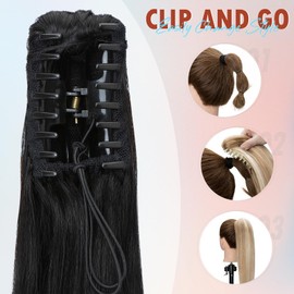 Hairro Claw Clip Ponytail Extension Human Hair Clip In Ponytail Jaw/Claw Jaw On Pony Tail Hairpieces For Women 16 Inch 105g #01 Dark Black