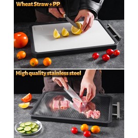 Stainless Steel Cutting Board for Kitchen, Large Chopping Board（16.42×11 In）Double Sided Non-Slip Edge Scratch-resistant Mesh Design, Food-Grade Wheat Straw PP, Easy to Clean