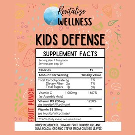 Revitalize Wellness Kids Defense | Orthomolecular Dose of 1000 mg Vitamin C and 250 mg B3 | Pure, Corn Free, & GMO-Free | Fruit Punch Flavor, 30 Servings