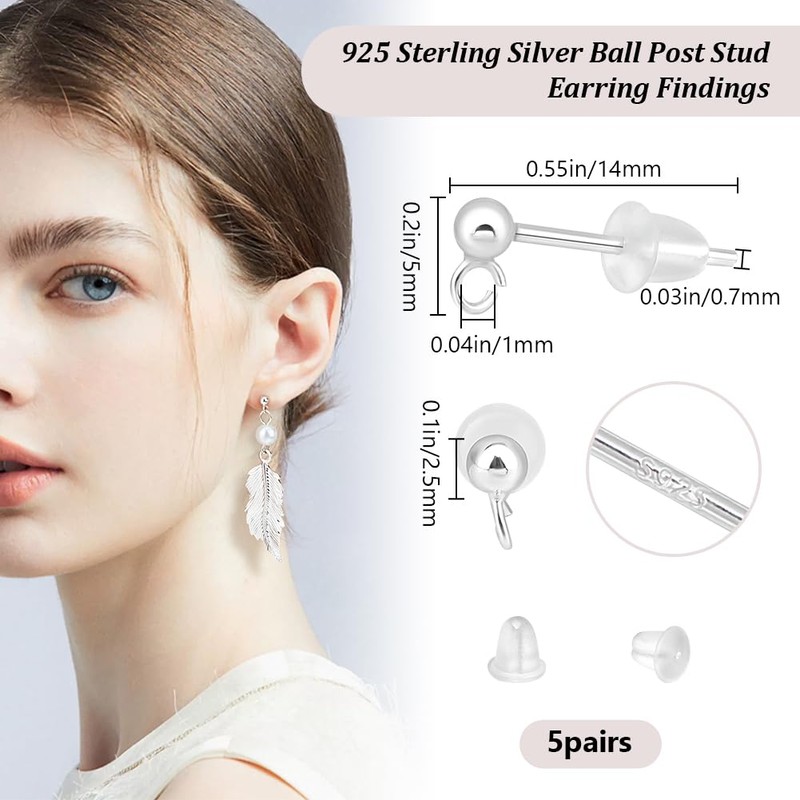 Beebeecraft 1 Box 10Pcs Ball Stud Earring Findings 925 Sterling