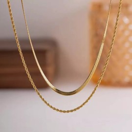 Zard 18K Gold Herringbone Rope Double Chain Layered Necklace