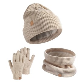 GWAWG Kids Winter Hat Scarf Gloves Set 3 PCS Warm Thermal Knitted Beanie Cap Snood Neck Warmer Touchscreen Mitten Soft Fleece Lining Elastic for Children Aged 5-12 Outdoor Sports (Khaki)