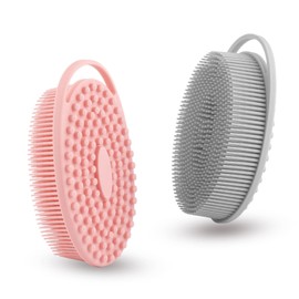 2 Pack Silicone Body Scrubber with Loofah Exfoliating Soft Body Shower Scrubber for Body, 2 in 1 Bath and Shampoo Wash Brush for Skin Exfoliation Men Women (Grey&Pink)