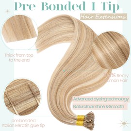 S-noilite I Tip Hair Extensions Human Hair 100Strands 50Gram Pre bonded Tip Haie Cold Fusion Keratin Glue K Tip Stick Tip Human Hair 18 Inch #12P613 Golden Brown highlight Bleach Blonde