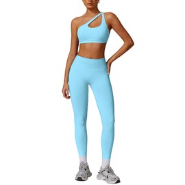 ABOCIW Workout Sets for Women 2 Piece Seamless High Waist Scrunch Butt Lifting Leggings Cutout One Shoulder Sports Bra Gym Sets Yoga Outfits Ice Blue Medium