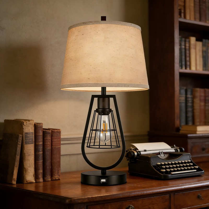 cattino Farmhouse Table Lamps with USB Ports, Industrial Bedside Lamps