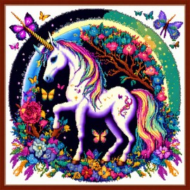 Dimensean Stamped Cross Stitch Kits Full Range of Embroidery Patterns Starter Kits for Beginners Adult or Kids DIY Cross Stitches Needlepoint Kits 11CT-Unicorn Flowers 17.7x17.7 inch