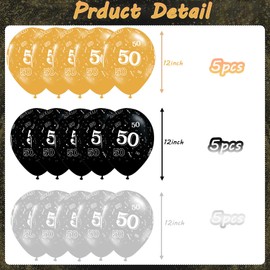 50th Balloons,15pcs Birthday Balloons,Gold Silver Black Birthday Balloons,Birthday Metallic Balloons for Women Men Birthday Party