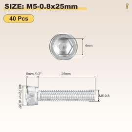 METALLIXITY Socket Head Cap Screw(M5-0.8x25mm)40Pcs, 304 Stainless Steel Allen Socket Drive Metric - Machine Internal Hex Screw UNC Coarse Thread, Silver Tone