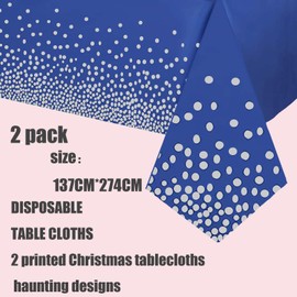 2P 137*274cm Dark Blue and Silver Disposable TableCloths Party,Dot Confetti Rectangular Eid Mubarak Table Cloth Plastic Tablecover for Picnic,Birthday,Wedding,Eid Mubarak Islam Muslim Party Decoration