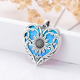 SOULMEET Sterling Silver Blue Heart Fire Opal Sunflower Necklace You Are My Sunshine Gifts for Women Wife Mom Family Sister (Non Custom Picture)