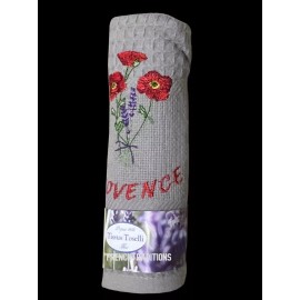Tissus Toselli Waffle-Weave Towel Provence Poppies & Lavender Grey - Made in France