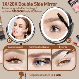 MOMOKUBA Magnifying Mirror with Light 20X, Height-Adjustable Lighted Makeup Mirror with Magnification, Double - Sided Aluminum Alloy LED Mirror, 3 Lighting Modes Ideal for Desk Bathroom Makeup, Black