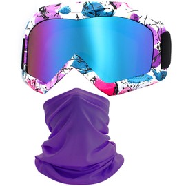 immoono Motorcycle Skiing Goggles with Neck Gaiter for Women Girls, OTG Anti UV Fog ATV Dirt Bike Motocross Riding Glasses, Camo Purple Pink Frame Solid Purple Face Cover