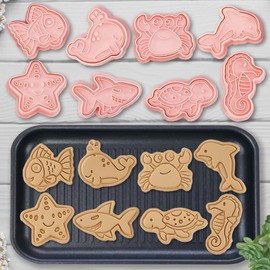 8 Mini Ocean Animal Cookie Cutters Set, 3D Raised Design Animal Embossing Stamps, Goldfish, Whale, Crab, Dolphin, Starfish, Shark, Turtle, Seahorse, Baking Molds