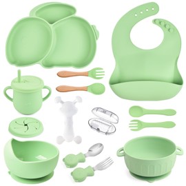 Baby Feeding Set, 15 Pcs Baby Led Weaning Silicone Tableware Set, Silicone Baby Feeding Set，Training Infants to Self-Feed Tableware After Weaning, Toddler Plate Bowl Set with Large Suction Cups（green）