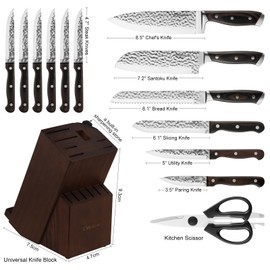 Mealia Kitchen Knife Set with Block, 15-Piece Professional Stainless Steel Sharp Knives Set for Kitchen with Built-in Sharpener, Ergonomic Wooden Handle, Full Tang Forged Triple Rivet, Boxed Knife Set