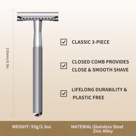 Gearhub Double Edge Safety Razor Stainless Steel Metal Reusable Wet Shaving Razor with 10 Swedish Platinum Blades for Men Women Barber Bikini Armpit Hair, Silver GRB3G