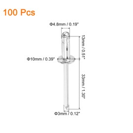 sourcing map 100Pcs 3/16"x1/2" Aluminum Round Head Tri Grip Rivets, Tri Grip Rivets Assortment Bulb Style Rivets for DIY, Sheet Metal, Automotive Repairs, Furniture, Marine Boat (Silver)