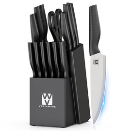 Knife Set, Vestaware 14 Pcs Kitchen Knife Set with Block, Practical One-Piece Knife Block Set Saving Space, Ultra Sharp Stainless Steel Knives Set Ergonomic Anti-slip Handle, New Home Essentials
