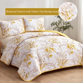 Anibedding Yellow Quilt Set Queen,3 Pieces Reversible Elegant Yellow Botanical Leaves Pattern Bedspread Coverlet Soft Microfiber Bed Cover for All Season(96"×90")